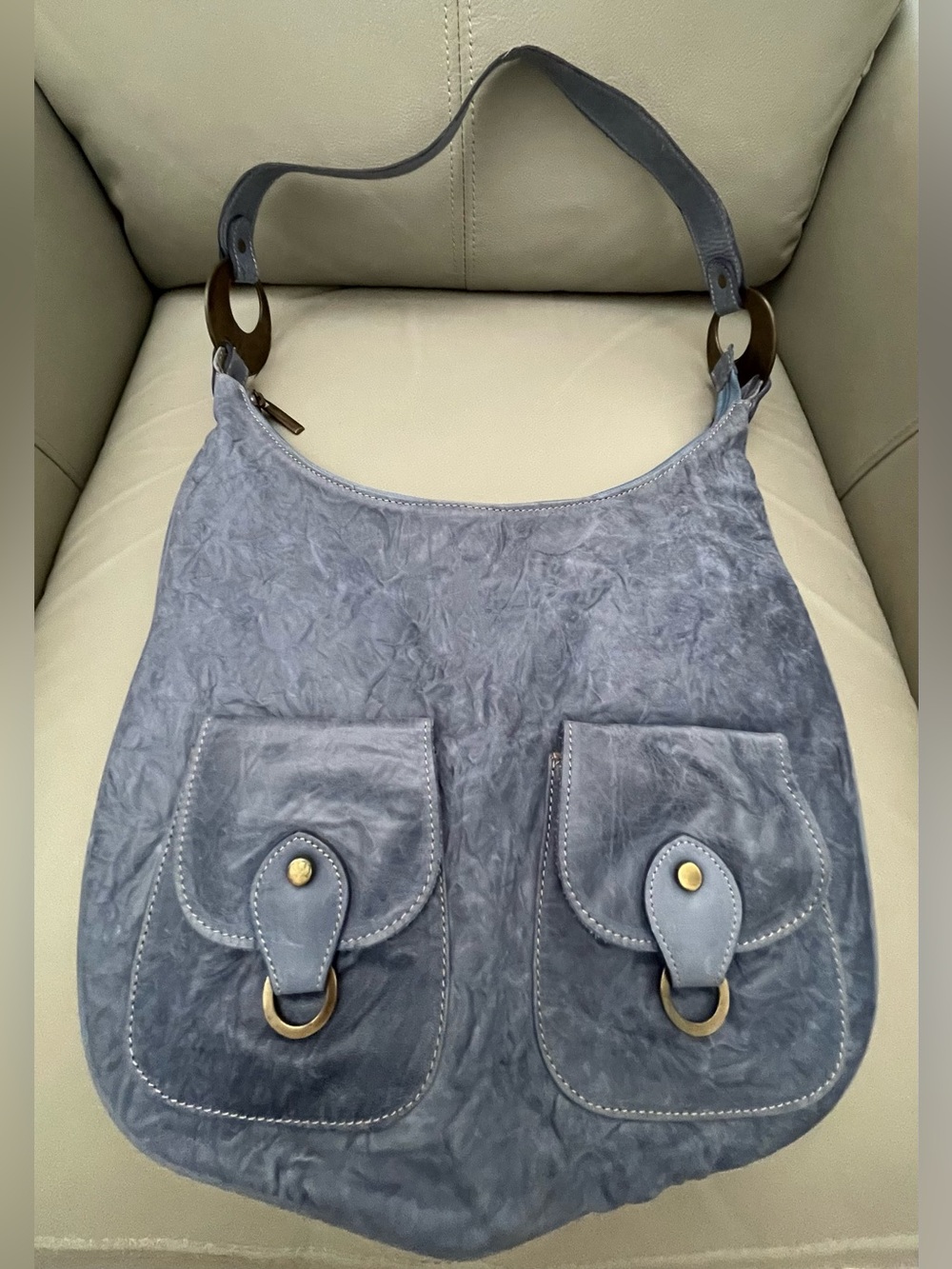 VTG Y2K LUPE Blue Distressed Argentine Cowhide Leather Hobo Bag w/Front Pockets